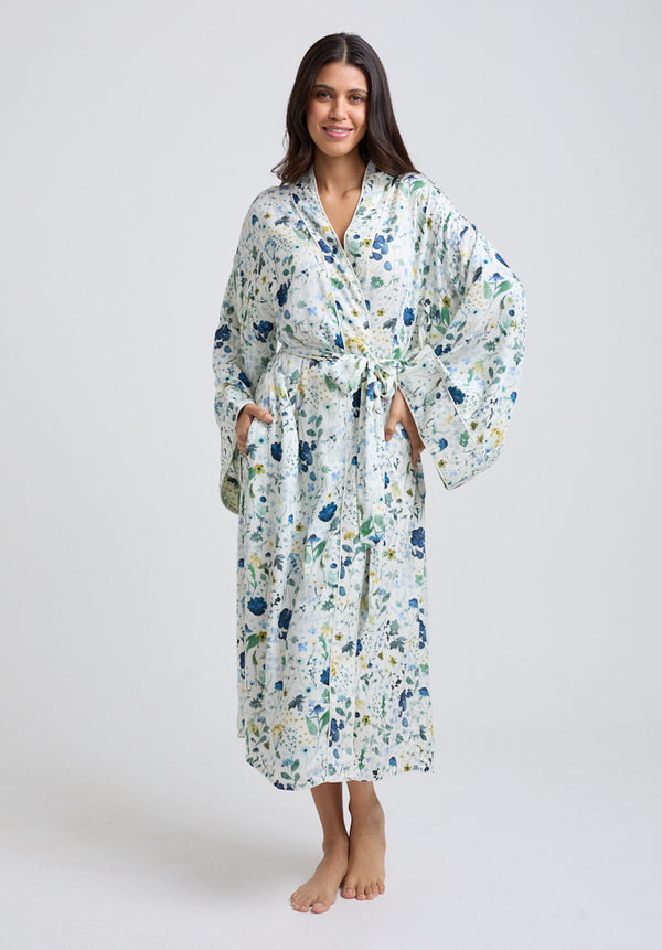 lily and lionel Corina Kimono Style Pressed Floral Print Robe In Blue