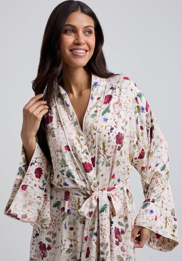 Lily And Lionel Corina Kimono Style Pressed Floral Print Robe In Cream