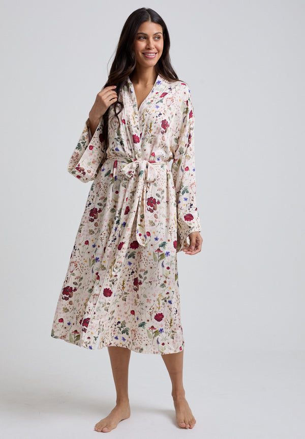 Lily And Lionel Corina Kimono Style Pressed Floral Print Robe In Cream