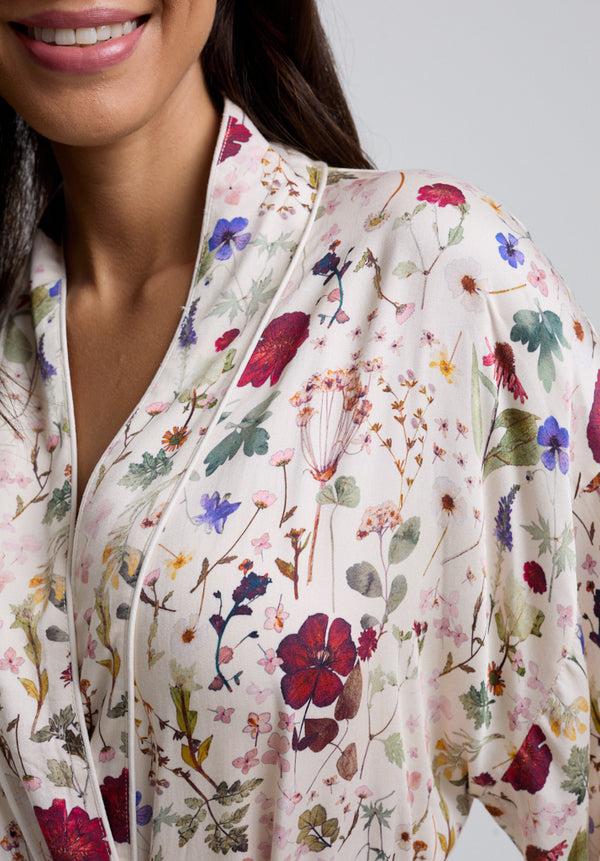 Lily And Lionel Corina Kimono Style Pressed Floral Print Robe In Cream