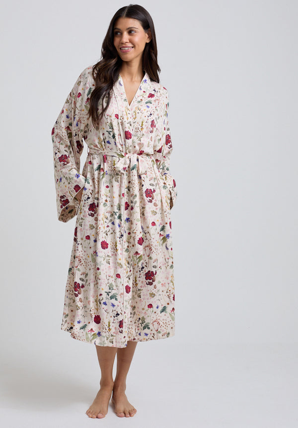 lily and lionel Corina Kimono Style Pressed Floral Print Robe In Cream