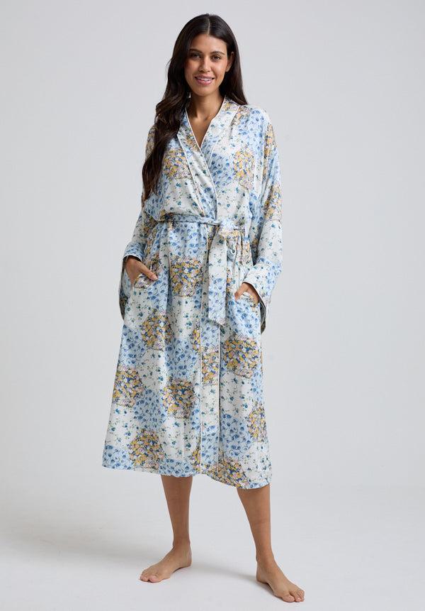 Lily And Lionel Corina Kimono Style Summer Patchwork Print Robe In Blue