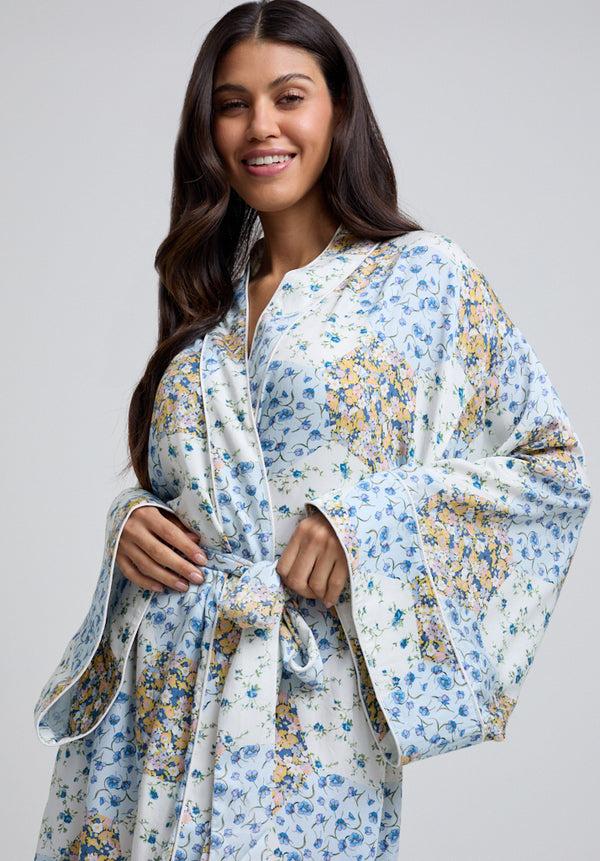 lily and lionel Corina Kimono Style Summer Patchwork Print Robe In Blue