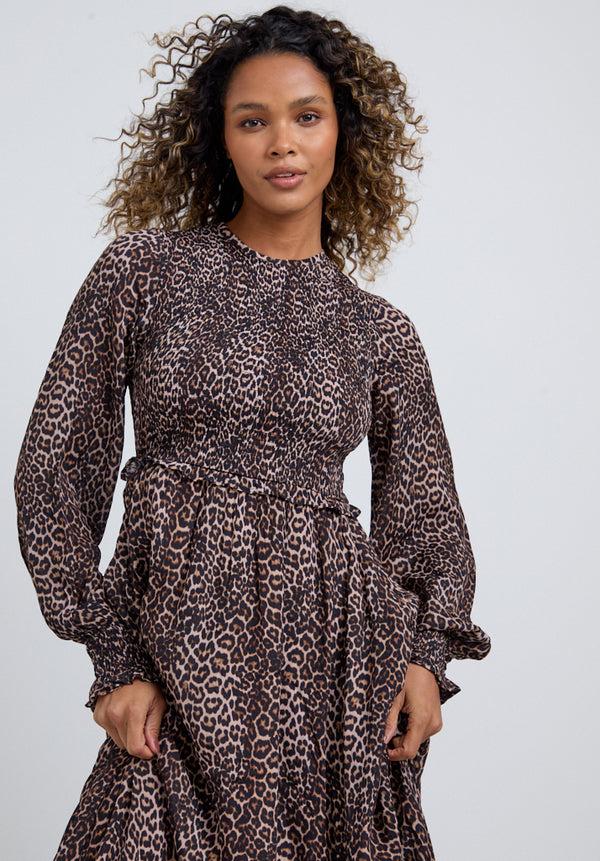 Lily And Lionel Elsie Shirred Bodice Big Cat Print Midi Dress In Brown