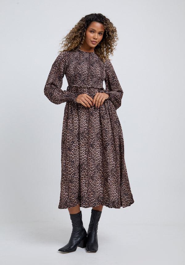 Lily And Lionel Elsie Shirred Bodice Big Cat Print Midi Dress In Brown