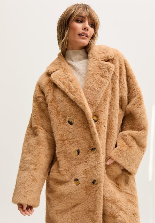 Lily And Lionel Emma Longline Faux Fur Coat In Brown
