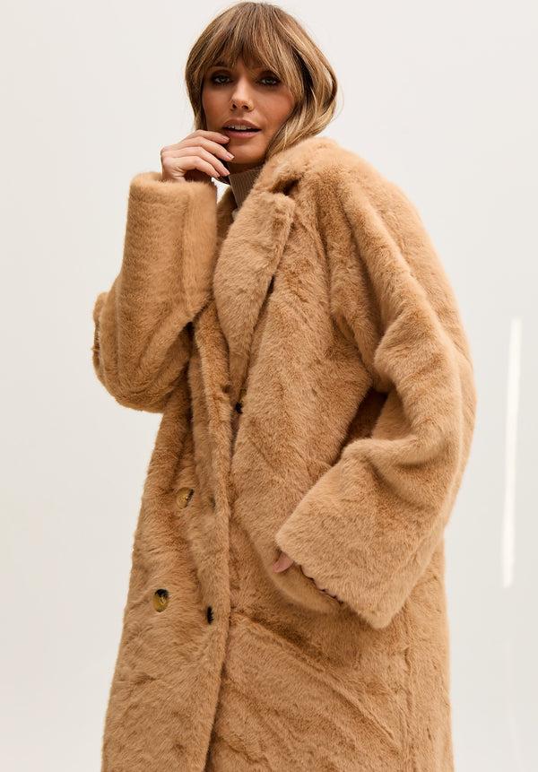 Lily And Lionel Emma Longline Faux Fur Coat In Brown