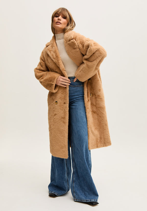 lily and lionel Emma Longline Faux Fur Coat In Brown
