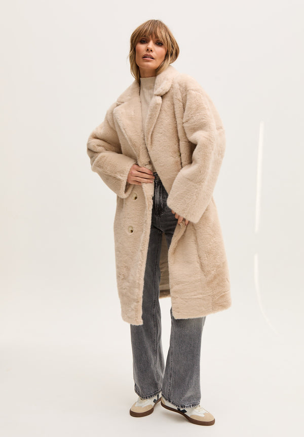 Lily And Lionel Emma Longline Faux Fur Coat In Cream