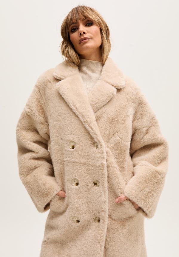 Lily And Lionel Emma Longline Faux Fur Coat In Cream