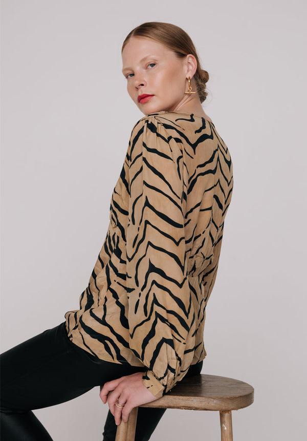 Lily And Lionel Emmy Deep V-Neck Tiger Print Blouse In Brown
