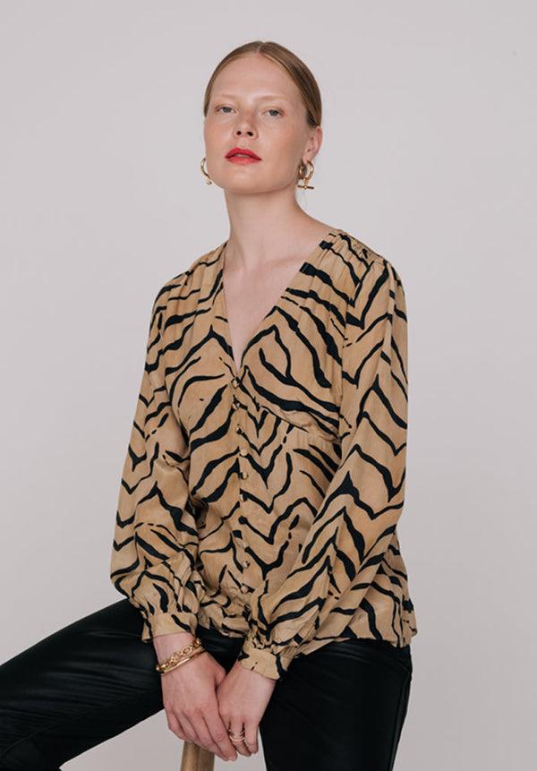 Lily And Lionel Emmy Deep V-Neck Tiger Print Blouse In Brown