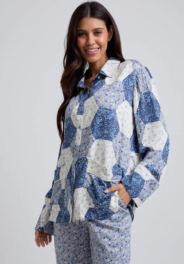 Lily And Lionel Evie Long Sleeve Aster Patchwork Print Pyjama Set In Blue