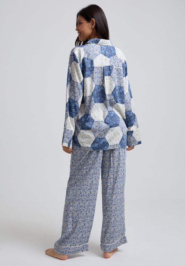 Lily And Lionel Evie Long Sleeve Aster Patchwork Print Pyjama Set In Blue