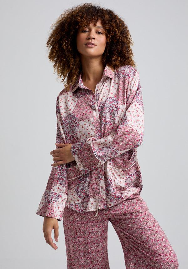 Lily And Lionel Evie Long Sleeve Aster Patchwork Print Pyjama Set In Pink