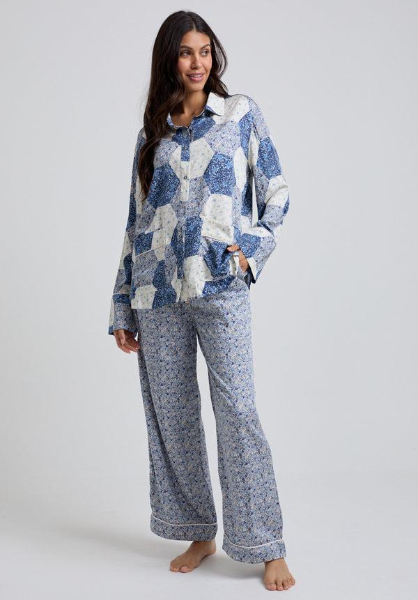 lily and lionel Evie Long Sleeve Aster Patchwork Print Pyjama Set In Blue