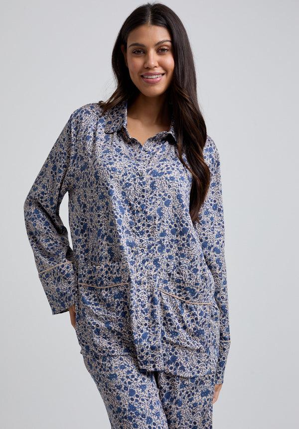 Lily And Lionel Evie Long Sleeve Aster Print Pyjama Set In Blue