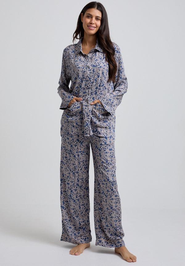 Lily And Lionel Evie Long Sleeve Aster Print Pyjama Set In Blue