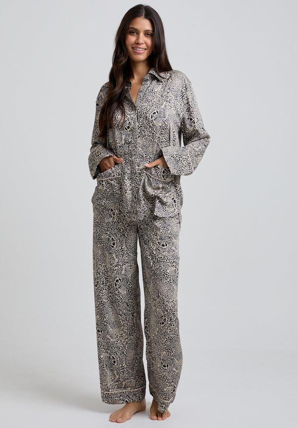 lily and lionel Evie Long Sleeve Hidden Leopard Print Pyjama Set In Cream