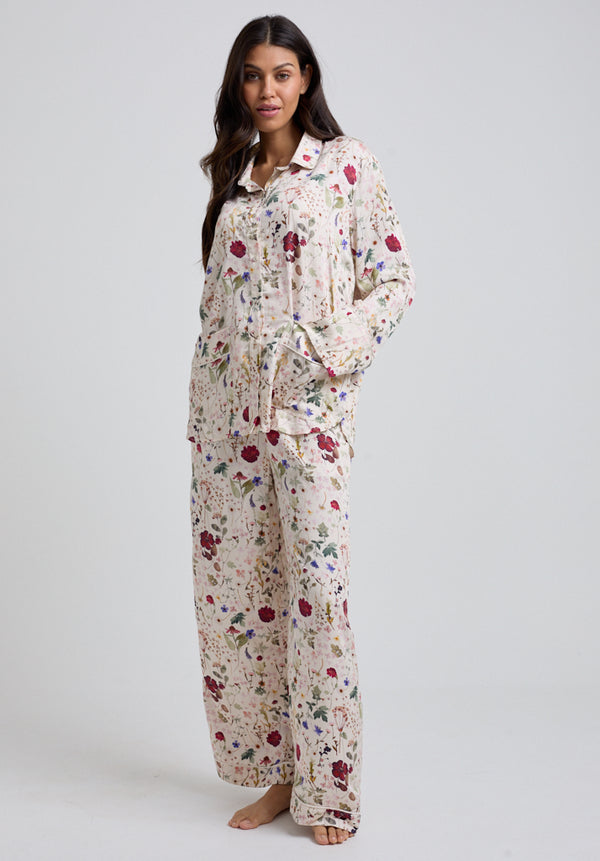 Lily And Lionel Evie Long Sleeve Pressed Floral Print Pyjama Set In Cream