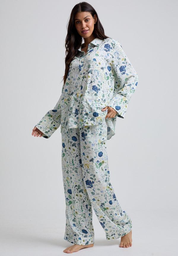 Lily And Lionel Evie Long Sleeve Pressed Floral Print Pyjama Set In Blue