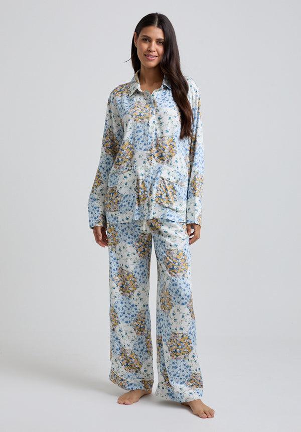 Lily And Lionel Evie Long Sleeve Summer Patchwork Print Pyjama Set In Blue
