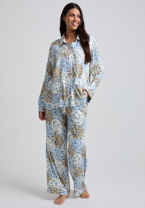 Lily And Lionel Evie Long Sleeve Summer Patchwork Print Pyjama Set In Blue