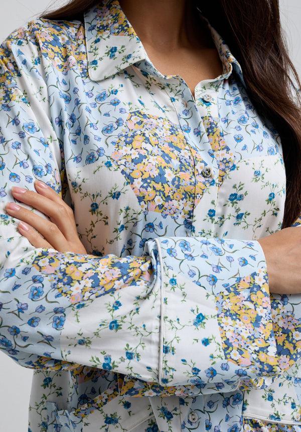 Lily And Lionel Evie Long Sleeve Summer Patchwork Print Pyjama Set In Blue