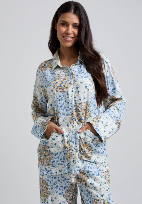 lily and lionel Evie Long Sleeve Summer Patchwork Print Pyjama Set In Blue