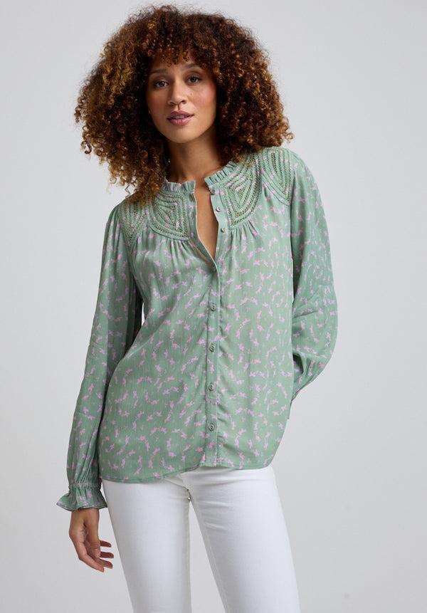 Lily And Lionel Fearne Cutwork Detail Dove Print Blouse In Green