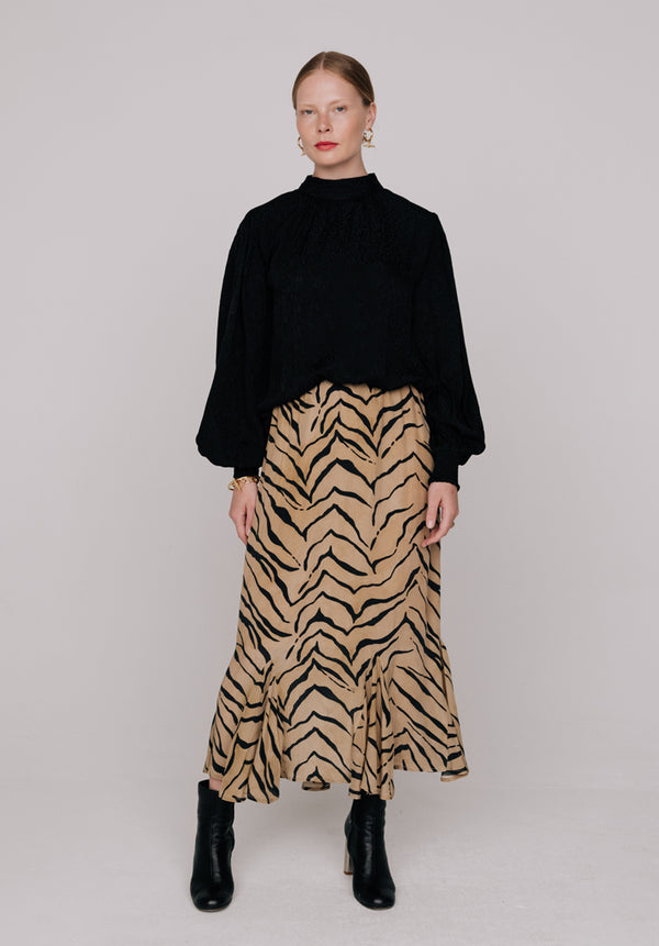 lily and lionel Ford Frill Detail Tiger Print Midi Skirt In Brown