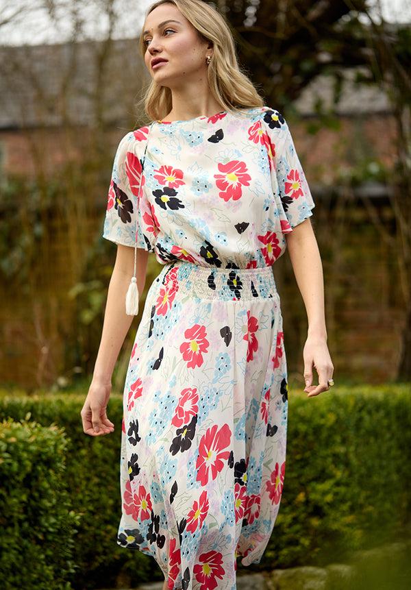 lily and lionel Galaxy Cowl Neck Poppy Print Midi Dress In Multi