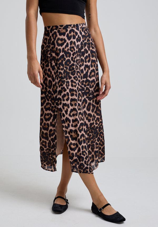 Lily And Lionel Grace Side Slit Big Cat Print Midi Skirt In Brown