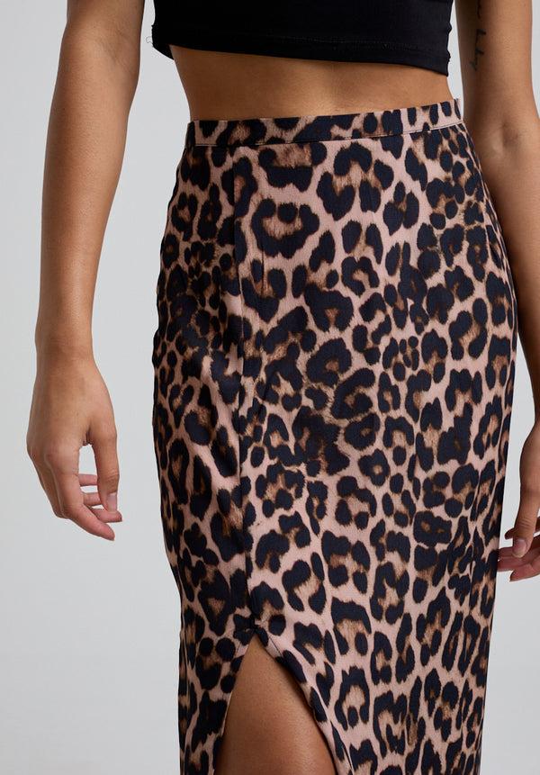 Lily And Lionel Grace Side Slit Big Cat Print Midi Skirt In Brown
