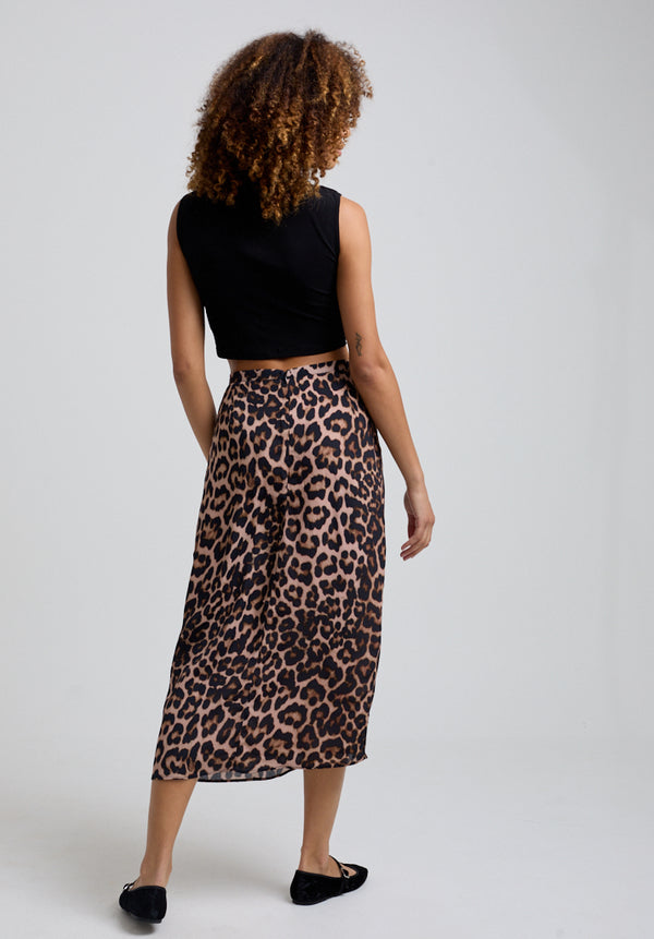 Lily And Lionel Grace Side Slit Big Cat Print Midi Skirt In Brown