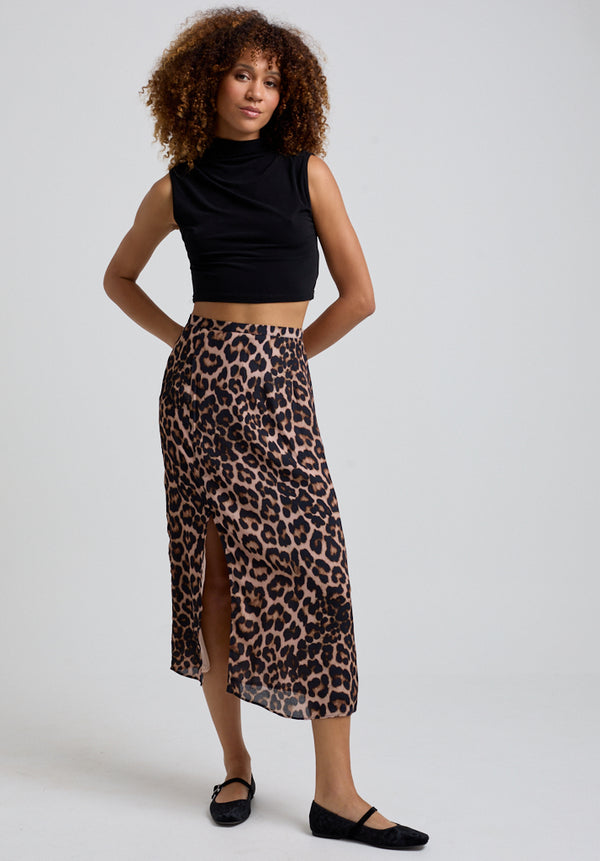lily and lionel Grace Side Slit Big Cat Print Midi Skirt In Brown