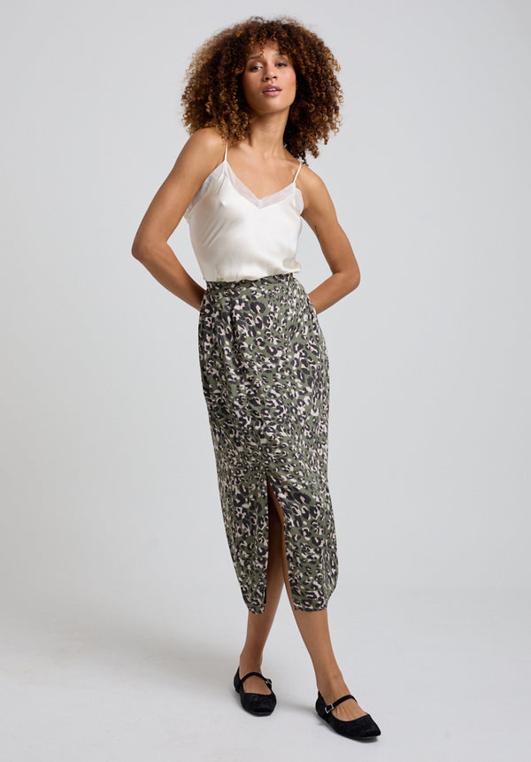 Lily And Lionel Grace Side Slit Khaki Cat Print Midi Skirt In Green