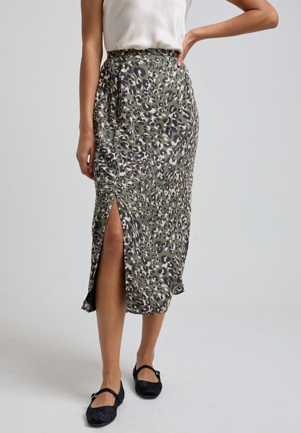 Lily And Lionel Grace Side Slit Khaki Cat Print Midi Skirt In Green