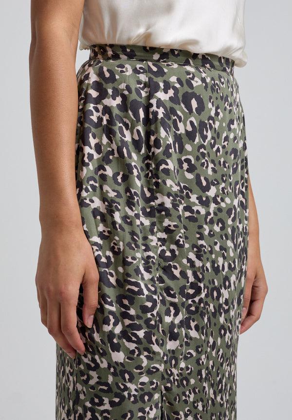 Lily And Lionel Grace Side Slit Khaki Cat Print Midi Skirt In Green
