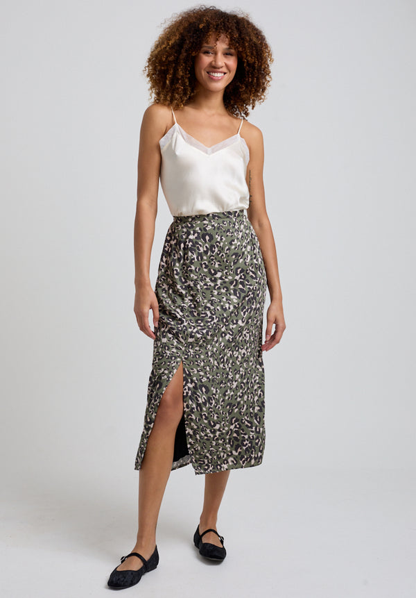 lily and lionel Grace Side Slit Khaki Cat Print Midi Skirt In Green