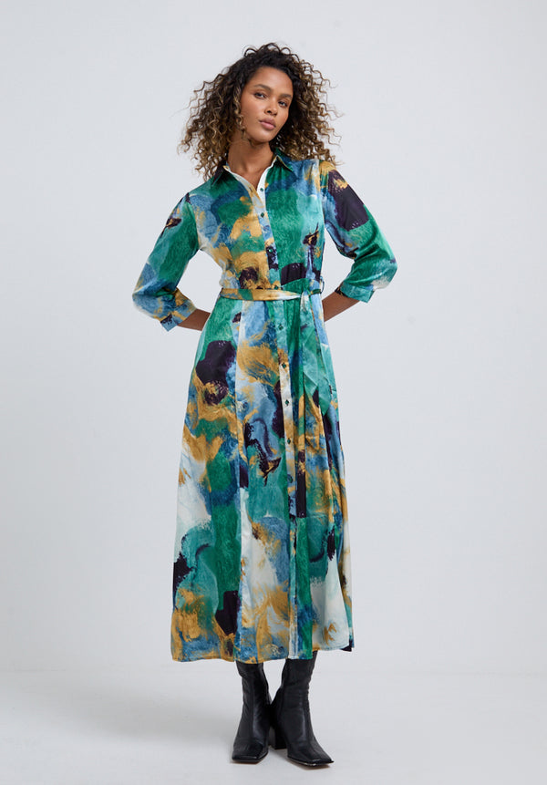 Lily And Lionel Hazel Button Down Painterly Print Midi Dress In Green