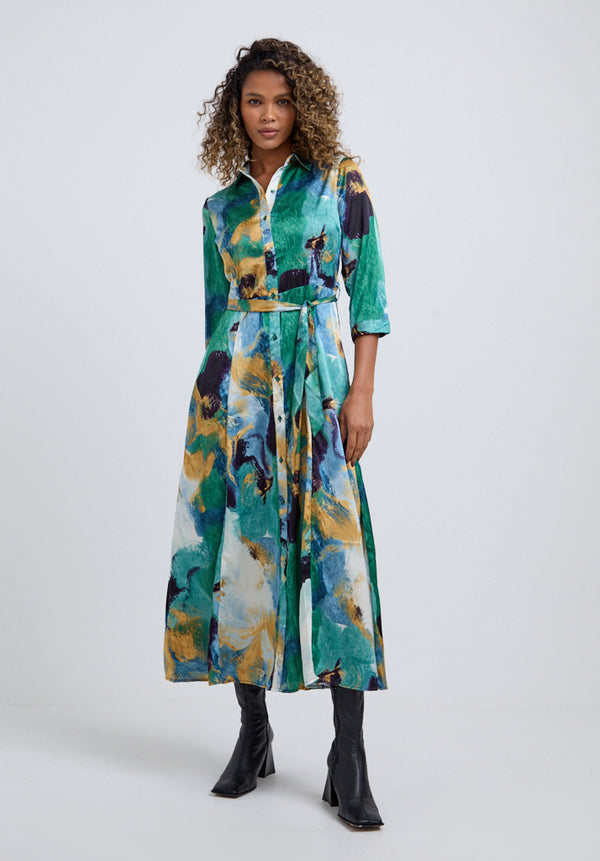 Lily And Lionel Hazel Button Down Painterly Print Midi Dress In Green