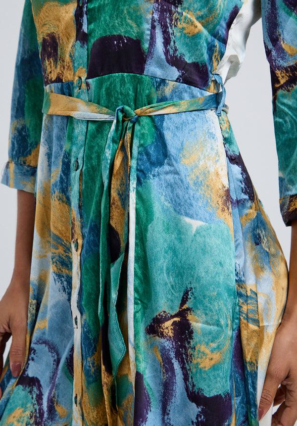 Lily And Lionel Hazel Button Down Painterly Print Midi Dress In Green