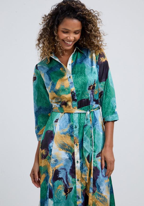lily and lionel Hazel Button Down Painterly Print Midi Dress In Green