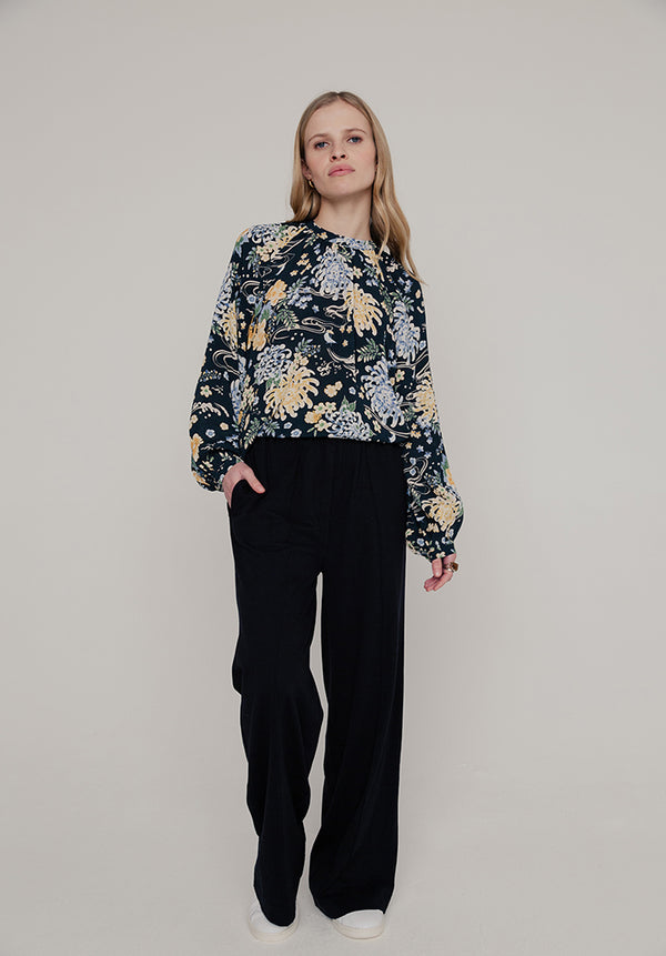 lily and lionel Helena Bow Detail Kyoto Floral Print Blouse In Navy