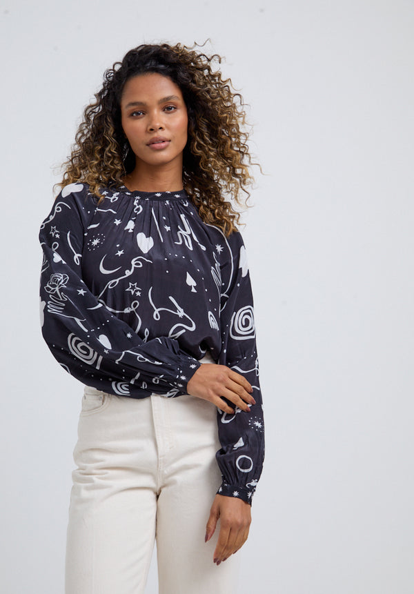 Lily And Lionel Helena Bow Detail Spellbound Print Blouse In Black