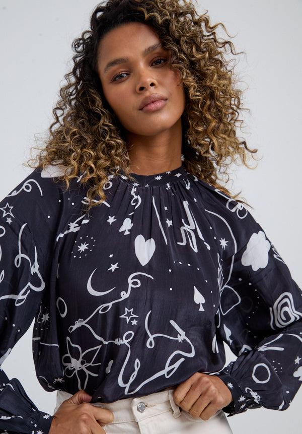 Lily And Lionel Helena Bow Detail Spellbound Print Blouse In Black