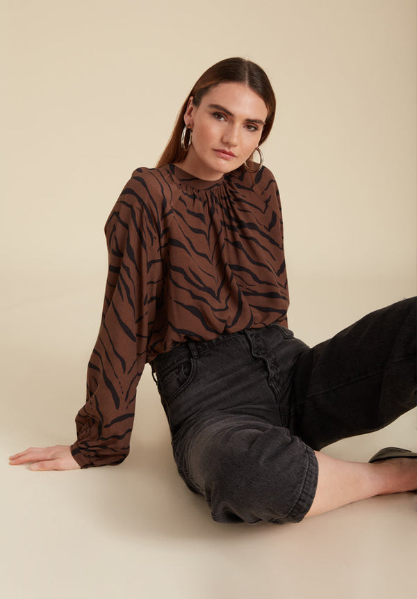 Lily And Lionel Helena Bow Detail Tiger Print Blouse In Brown