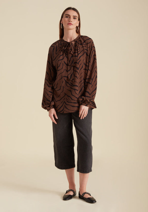Lily And Lionel Helena Bow Detail Tiger Print Blouse In Brown