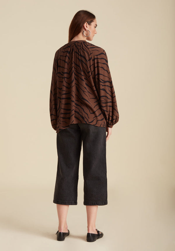 Lily And Lionel Helena Bow Detail Tiger Print Blouse In Brown